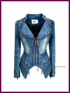 Studded Denim Jacket Punk Motorcycle Dovetail Women's Classic